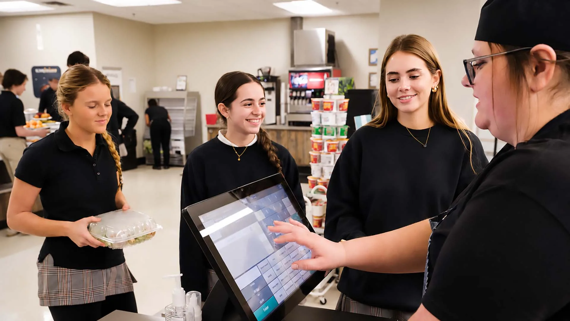 Students waiting at register while cashier rings up their meal